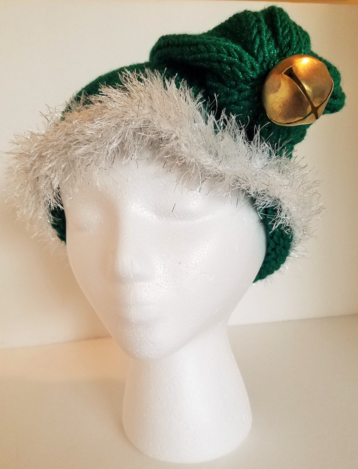 Elf Hat Sparkly Green Hat with Silver Border and Bell adult
