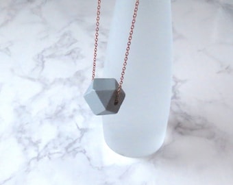 Juyn - Copper and Grey Wood Block Necklace; Faceted Geometric Large-Scale Minimalist Modern Gray Pendant (Collier Gris Cuivre) by InfinEight