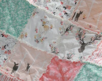 Crib Rag Quilt Baby Girl Crib Bedding Woodland Nursery Coral Aqua Nursery