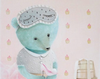 Pink Teddy bear, animal painting, whimsical animal illustration, baby girl nursery art, kids art, nursery illustration, animals in clothes