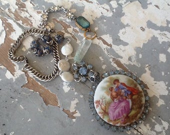 Vintage Assemblage Necklace Rhinestone Repurposed Art Deco Collage Jewelry Upcycled Recycled On Sale