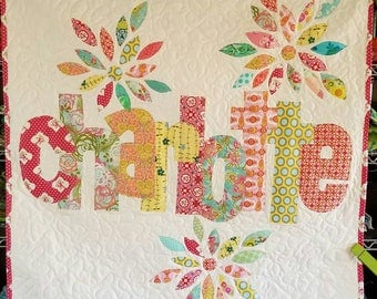 The Original Personalized Quilt 40 x 40, Baby Quilt, Raw Edge Applique Quilt, Name Quilt CC4040