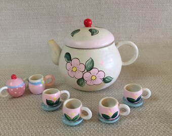 Miniature Wooden Tea Set Teapot 4 tea cups and Saucers Cream Sugar 11 Piece Set Hand Painted