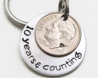 10th Wedding Anniversary Gift, Personalized Keychain, 10 Years & Counting Hand Stamped Keychain, Mens Personalized Traditional Aluminum Gift