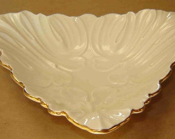 Vintage CLASSIC LENOX Bone China Triad Candy Dish - 24Kt Gold Trim - Triangle Shape Dish with Original Tag - 1980's