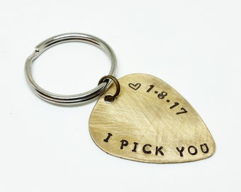 I PICK YOU Guitar Pick Keychain - Custom Key Chain - Initials and Date - Engagement Gift - Valentines - Personalized Key Chain - Men's Gift