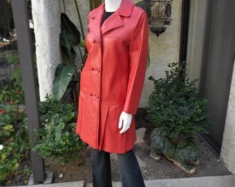 Vintage 1970's Red Leather Coat - Size Medium