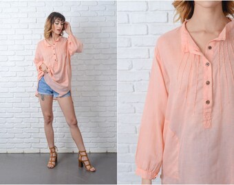 Vintage 70s Pink Hippie Boho Tunic Top Blouse Sheer Oversize S M L 9188
