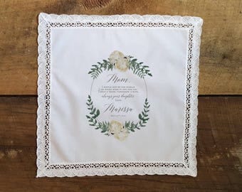 Wedding Handkerchief for MOTHER of the BRIDE Peonies and Greens Mother of the Bride Handkerchief. Lace Edge. Printed Wedding Handkerchief