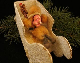 Vintage Japanese Clay Faced Cotton Santa in Mica Covered Sleigh Ornament