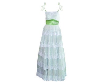 Southern Bell Dress, Layered White Lace, Bridesmaid, Spaghetti Straps, Vintage Prom, Green Gown