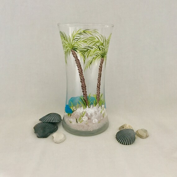 Beach theme palm tree vase hand painted by Deanna Bakale