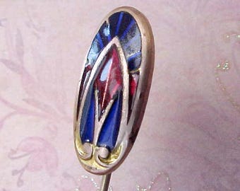 Beautiful Art Deco Era Enameled Stickpin with Design in Cobalt and Crimson