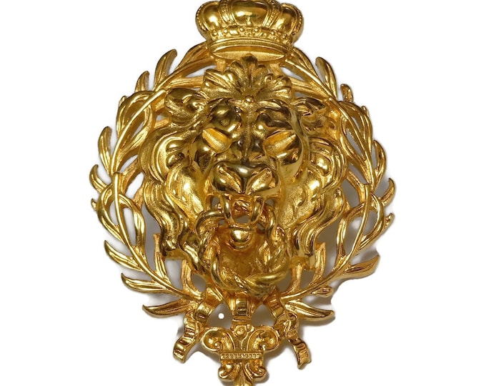 Anne Klein lion brooch, signature lion brooch, figural lion crown, gold plated pin, fleur-de-lis, door knocker, laurel wreath, large lion