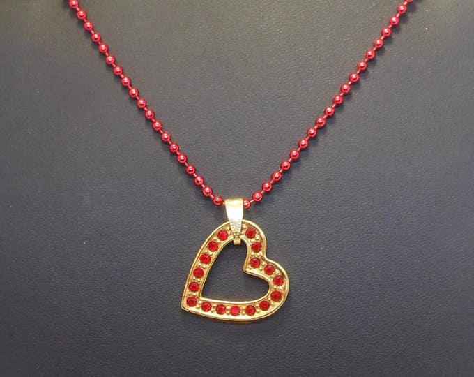 FREE SHIPPING Red rhinestone heart pendant, up-cycled Avon gold tone heart on a red ball chain necklace
