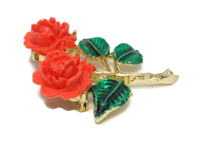 FREE SHIPPING Coral rose brooch, enamel coral roses, enamel, gold tone stem with green enamel leaves, orange pin 1960's