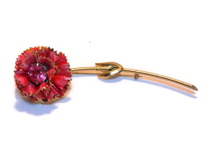 FREE SHIPPING Pink rose brooch, enamel redish pink rose, gold tone stem, rose pin 1960's, rhinestone center, gold tipped petals