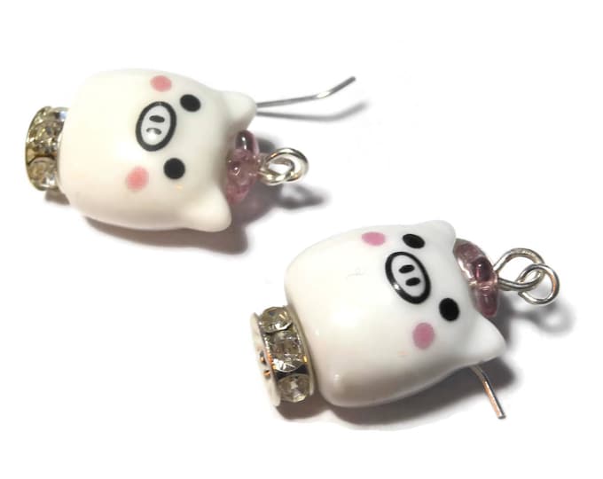 FREE SHIPPING Kawaii pig earrings, porcelain beads, Swarovski crystal Czech pressed glass, silver plated pink black, hat collar piggie