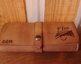 Unique Fly Fishing Leather Wallet Personalized with Pyrography and Initials-hand made - pyrography leather - fishermen gift