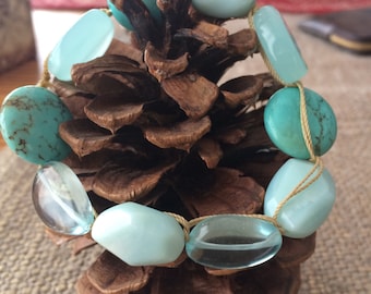 Polished turquoise and sea glass bracelet
