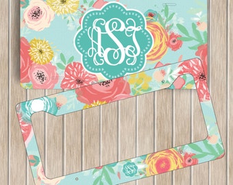 Floral Monogram License Plate Frame Set ~ Personalised Flowers License Plate Frame ~ Custom Car Tag ~ Custom Plate Frame ~ New Driver Gift