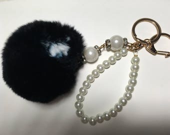 Black rabbit fur Pom Pom keychain