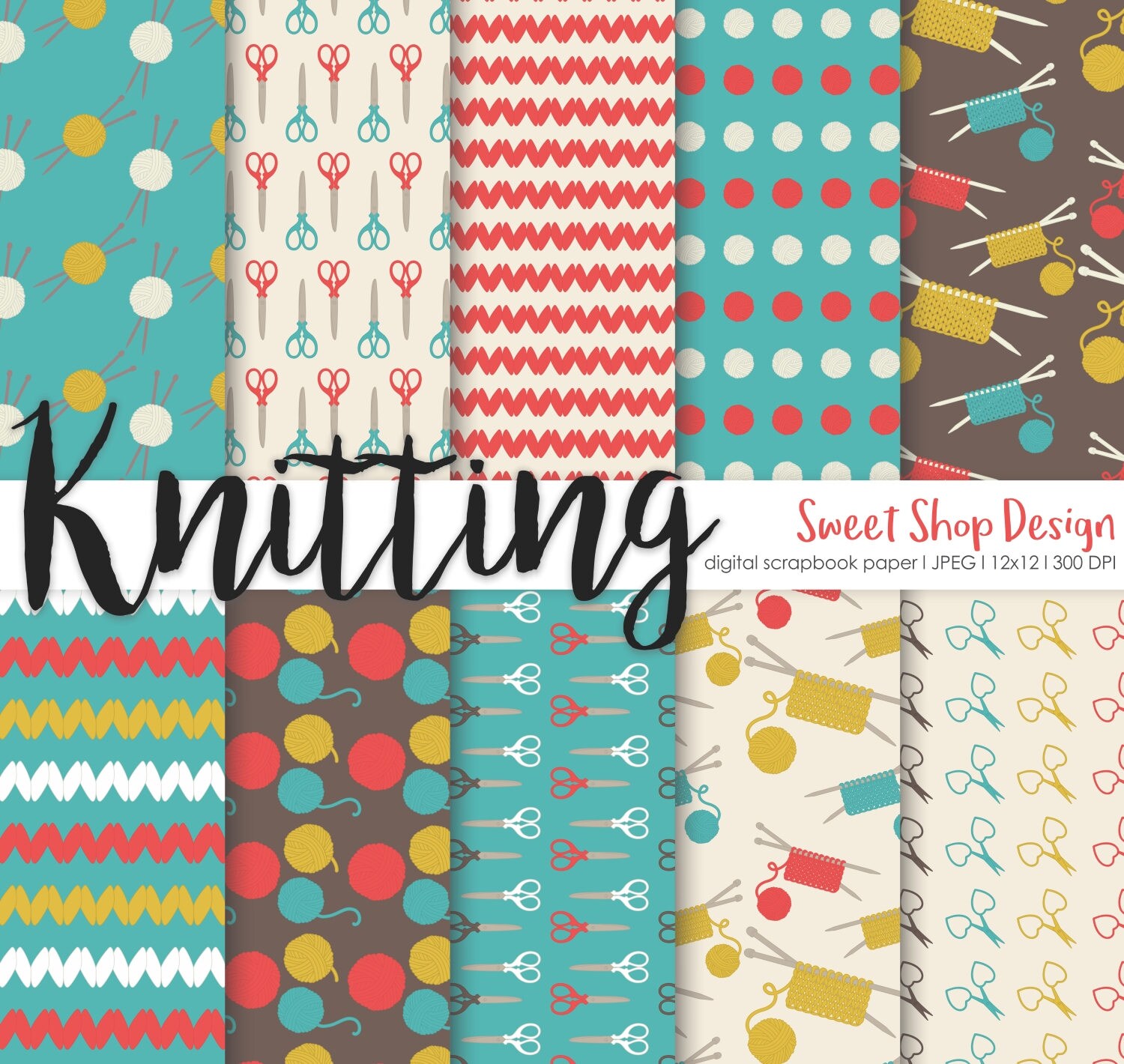 Knitting Digital Paper Printable Scrapbook Paper Pack Wool