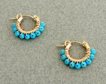 Gipsy Earrings, wire wrapped hoops, Swarovski Turquoise earrings, Gold and Turquoise earrings, Small hoop earring gold