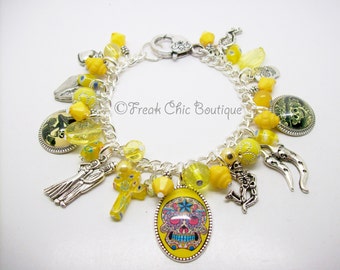 Day Of The Dead Charm Bracelet, Dia De Los Muertos, Charm Bracelet, Yellow Theme