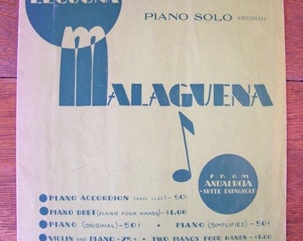 Vintage Malaguena Sheet Music Piano Solo by Ernesto Lecuona 1933.From Andalucia Suite Espagnole.Spanish Suite.30s Music.Vintage Piano Music.