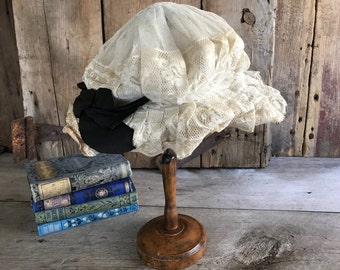 French Femme de Chambre Lace Cap, Maidens Lace Bonnet, Antique Theater Prop