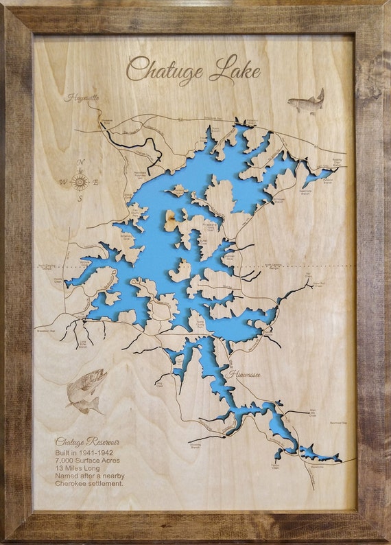 Wood Laser Cut Map of Lake Chatuge Georgia Topographical