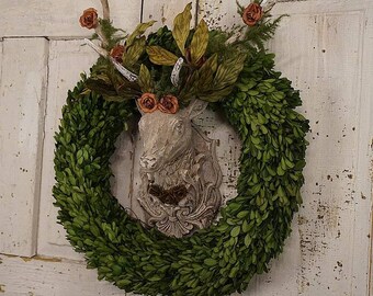 Rustic woodland buck wall mount w/ ornate antlers and boxwood wreath painted farmhouse deer wall hanging home decor anita spero design