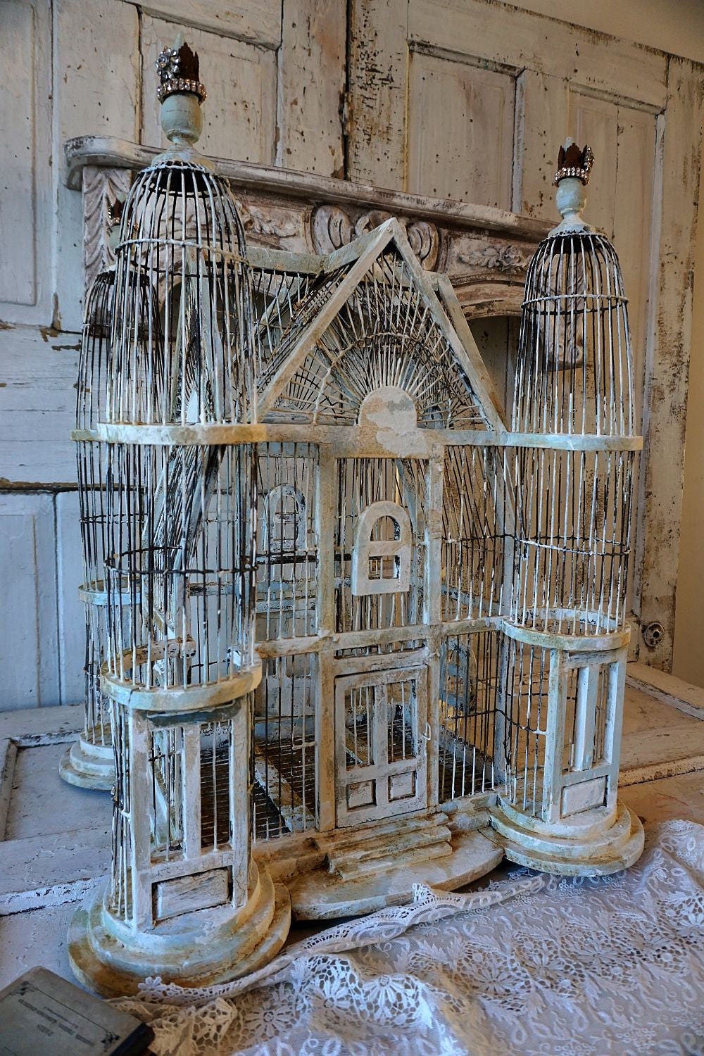 Distressed bird cage ornate wood wire antique rusty painted