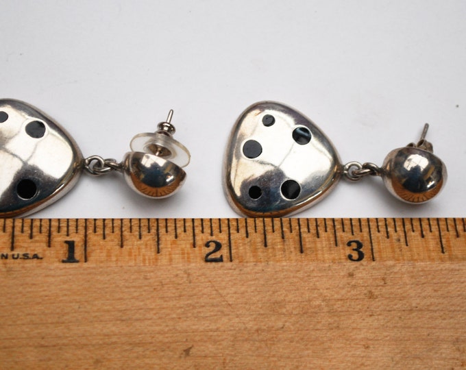Sterling Mexico Dangle earrings - pierced silver earring - black enamel polka dots