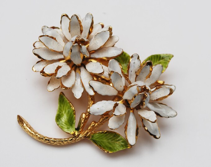 Enamel Flower Brooch Earrings - Signed Coro - white enameling gold metal - Mid Century floral pin and earrings