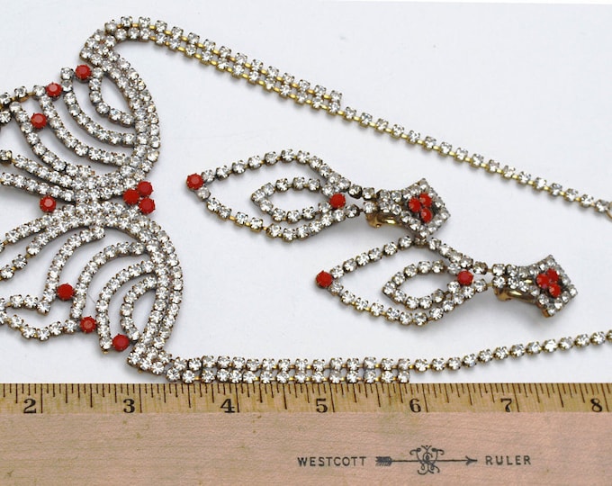 Rhinestone necklace Earring set - Czech crystal - red stones - dangle clip on earrings -