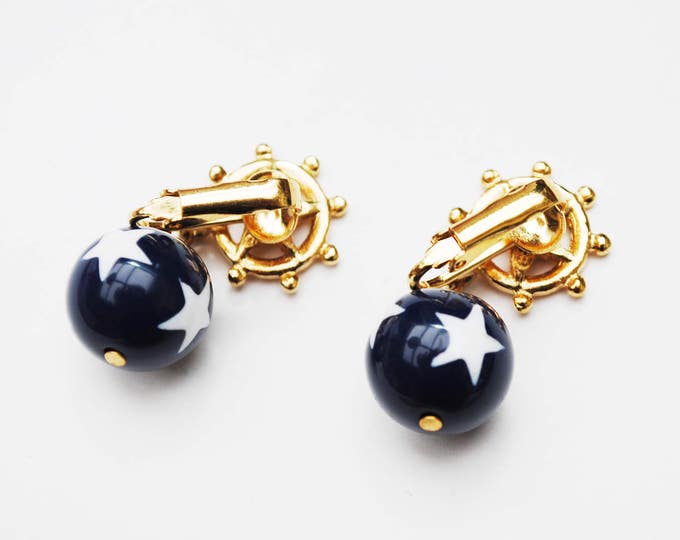 Red white Blue star dangle earrings - Patriotic - enamel gold - Drop - clip on earrings