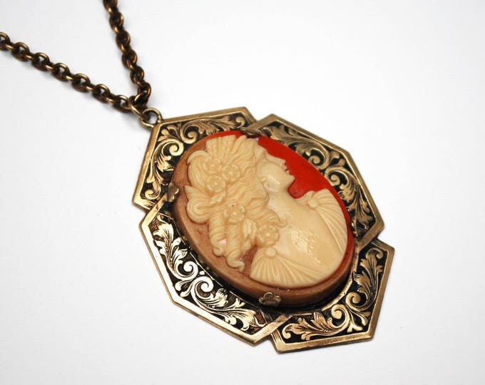 Cameo Necklace - cream white orange resin - women profile - Brass gold - Victorian Revival