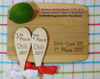 Chili Cook Off Bake Off 1 Cutting Board & 2 Wood Spoons Prizes Awards Trophy Contest Competition Event Festival Set of 3 Engraved Wood burn
