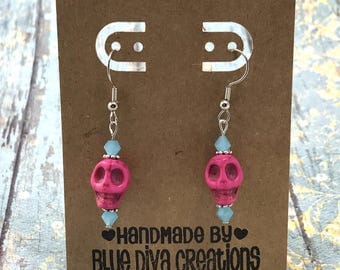 Pink Skull Earrings, Day of the Dead Earrings, Dia de los Muertos Earrings, Sugar Skull Earrings, Bead Jewelry, Mexican Jewelry