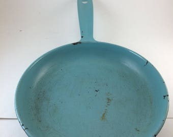 Blue enamel cast iron skillet shabby chic prairie cottage farmhouse decor chippy crackle finish aged cookware