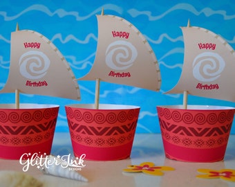 Moana cupcake topper sails and wrappers for birthday party - pdf printable file - outrigger boat with Polynesian tribal design