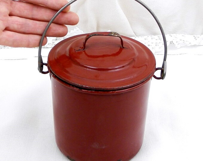 Antique French Chocolate Brown Enamelware Metal Lunch Pail, French Country Decor, Retro Home, Tin Box, Picnic Box, Vintage Camping, Prop