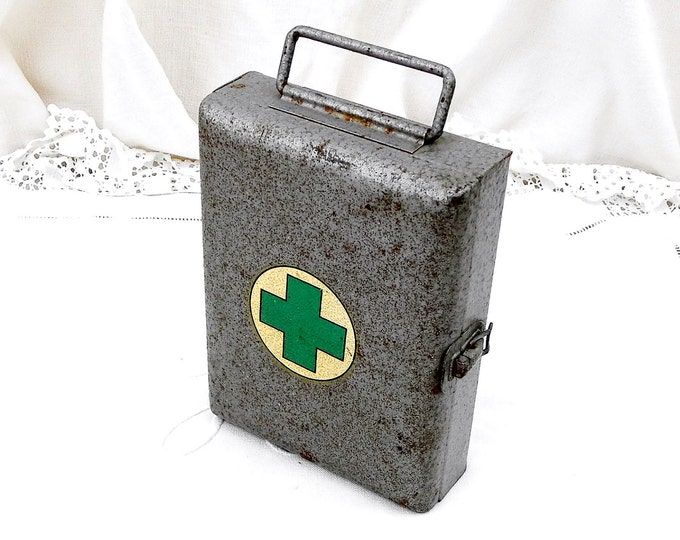 Vintage French Mid Century Metal First Aid Grey Tin, Industrial, Retro, Home, Interior, Brocante, Hipster, Medical, Nursing, Green Cross