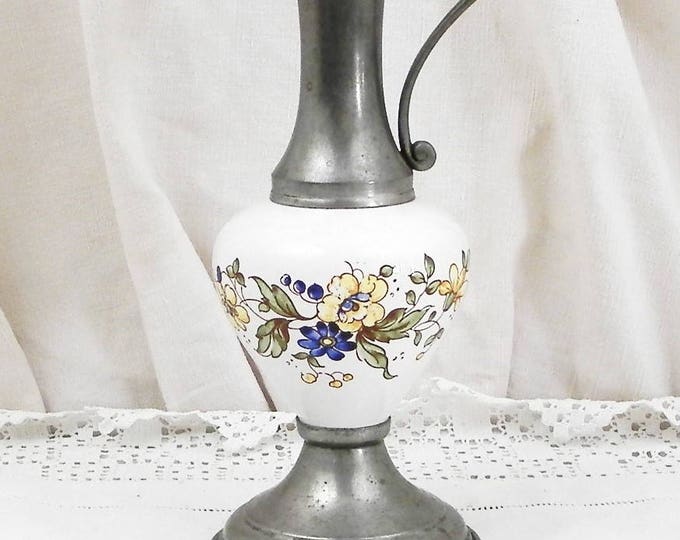 Antique French Pewter and Ceramic / Faience Vase with Transferware Flower Pattern, Metal and Ceramic Vase, French Country Decor, Shabby