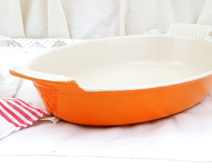 Vintage Le Creuset from France Traditional Bright Orange and White Enameled Cast Iron 28 Oven Dish, Grill, Pan Cooking Pot, Kitchen, Cooking