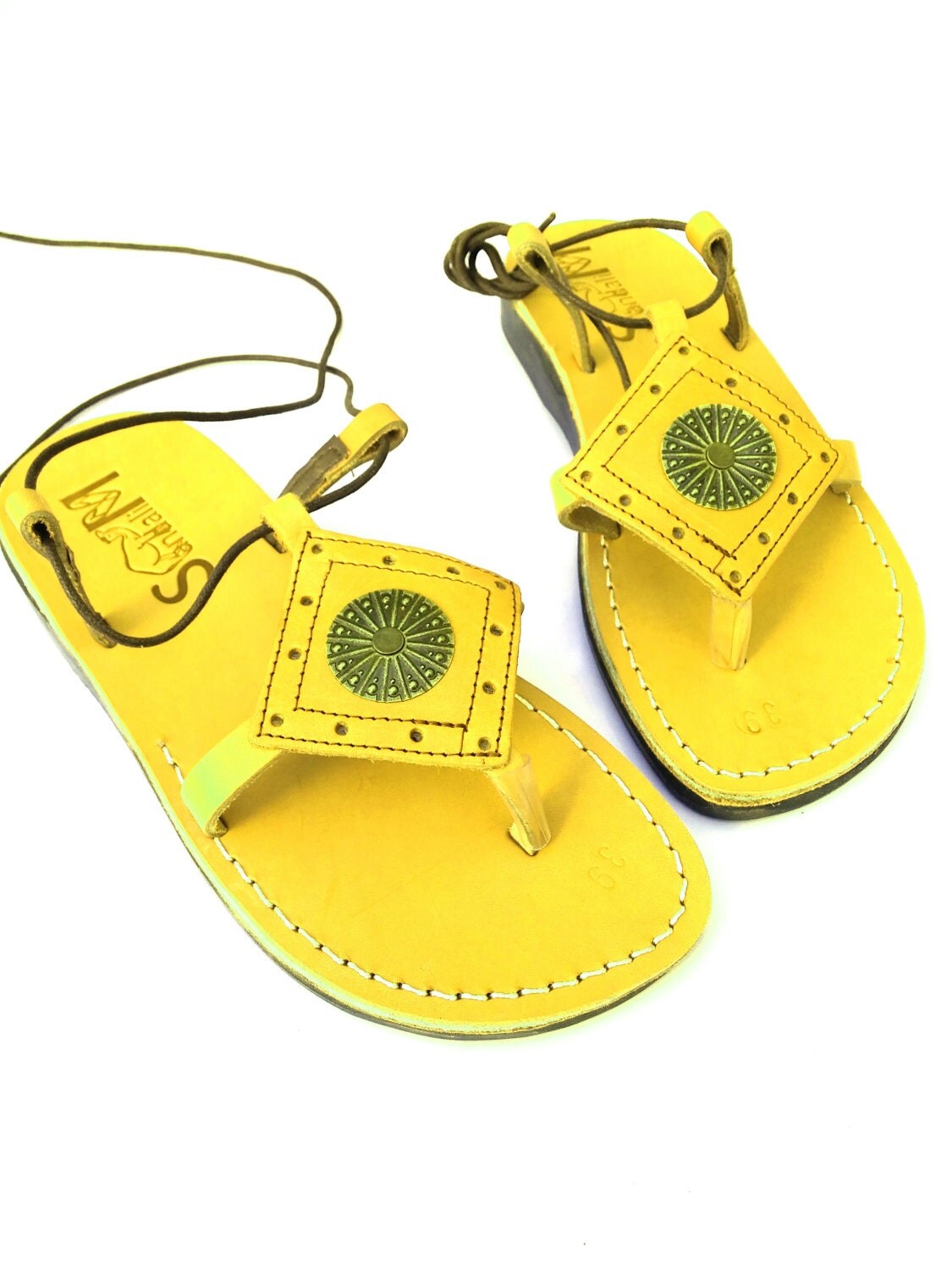 yellow lace up flat sandals
