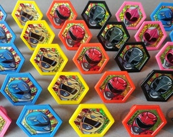 24 POWER RANGERS rings for cupcake toppers cake birthday party favors Saban Black Pink Blue Red Yellow Mighty Morphin Morphinominal movie TV