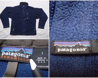 Vintage Retro Men's 90's Patagonia Fleece Synchilla Blue Zip-up Side Pockets Fleece Jacket Small Made in the USA